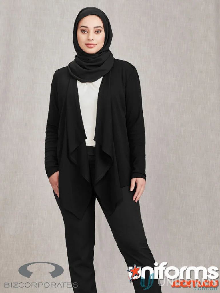 Woman in black hijab and Sofia Waterfall Cardigan, stylish waterfall cardigan look rlc267l