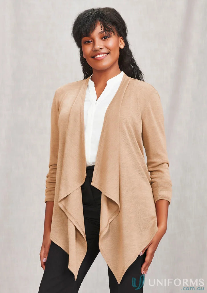 Tan open-front waterfall cardigan from Sofia Waterfall Cardigan rlc267l for cozy style