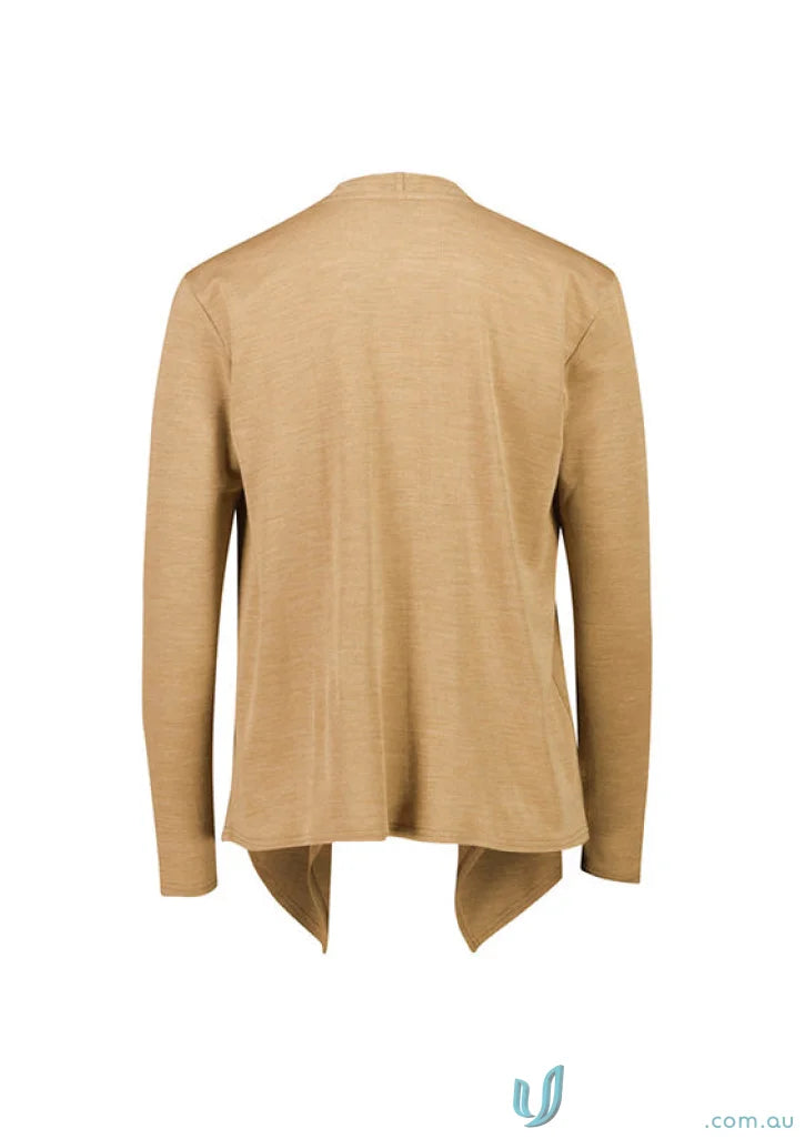 Tan open-front waterfall cardigan from Sofia Waterfall Cardigan RLC267L, comfy style
