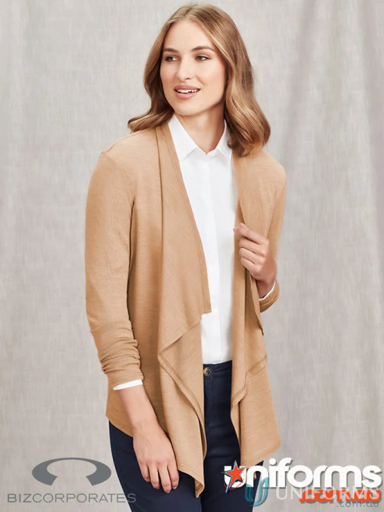 Tan open-front waterfall cardigan from Sofia Waterfall Cardigan rlc267l for cozy style