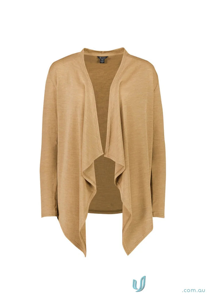 Tan open-front waterfall cardigan from Sofia Waterfall Cardigan RLC267L style perfect for fall