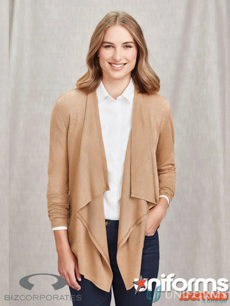 Woman wearing tan Sofia Waterfall Cardigan rlc267l for cozy style