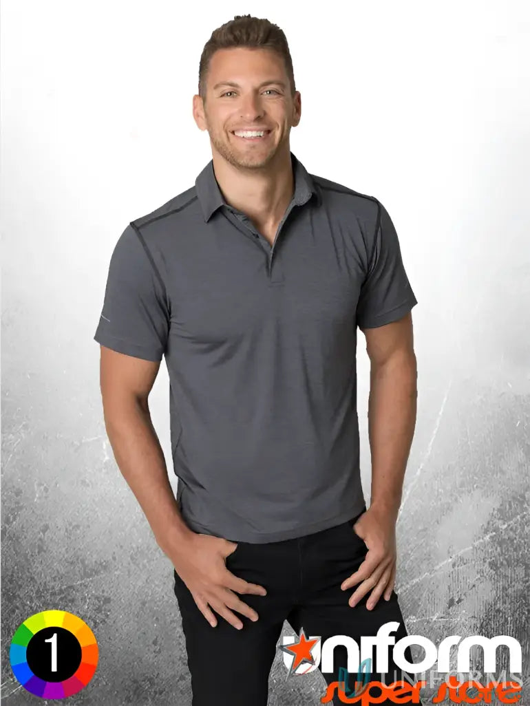 Man in gray polo shirt made with aegis microbe shield and cooldry technology