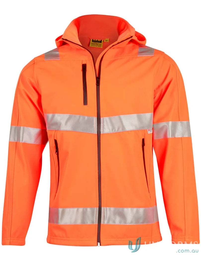 Orange softshell heavy duty safety jacket with reflective stripes for weather protection