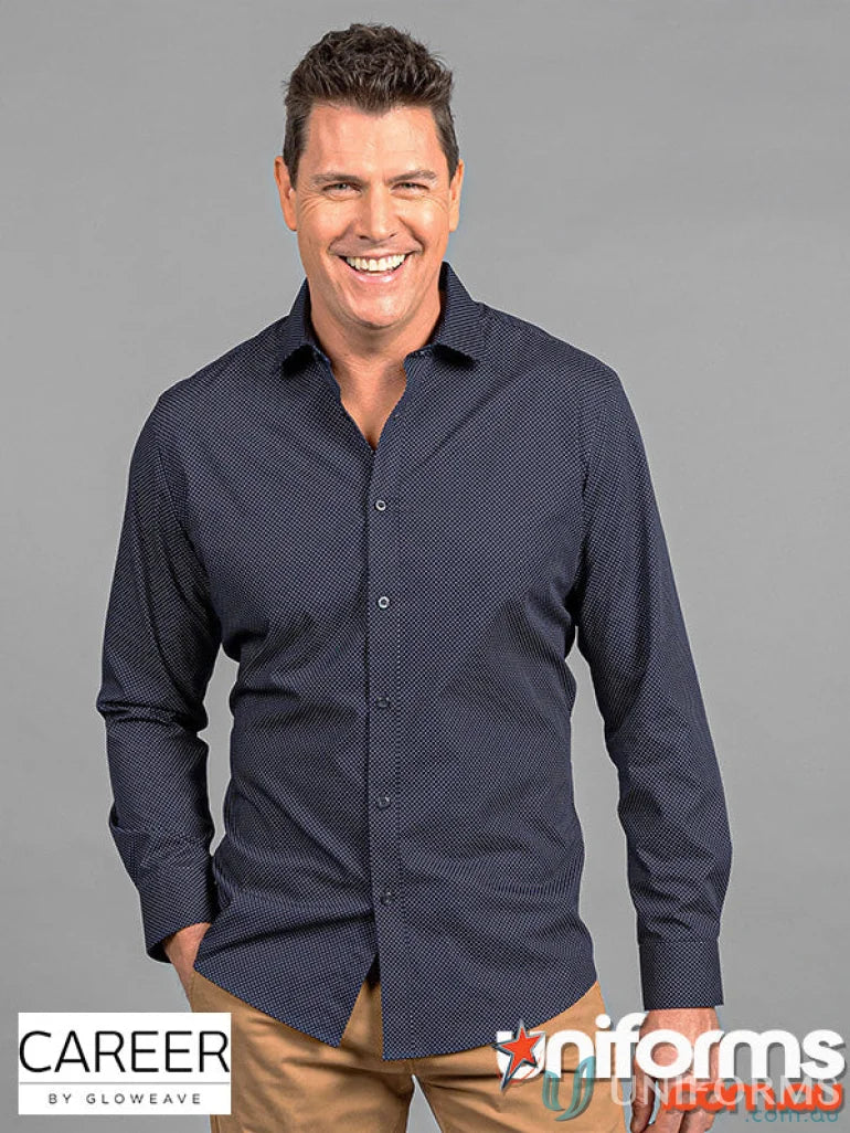 Smiling man wearing SOHO Dot Print LS Shirt with silk protein finish in navy blue