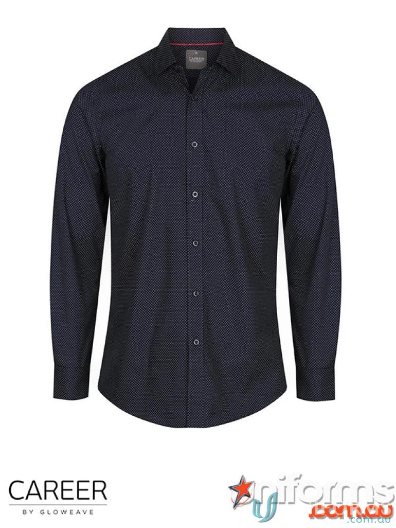 Men’s navy SOHO Dot Print LS Shirt with silk protein finish and white polka dots