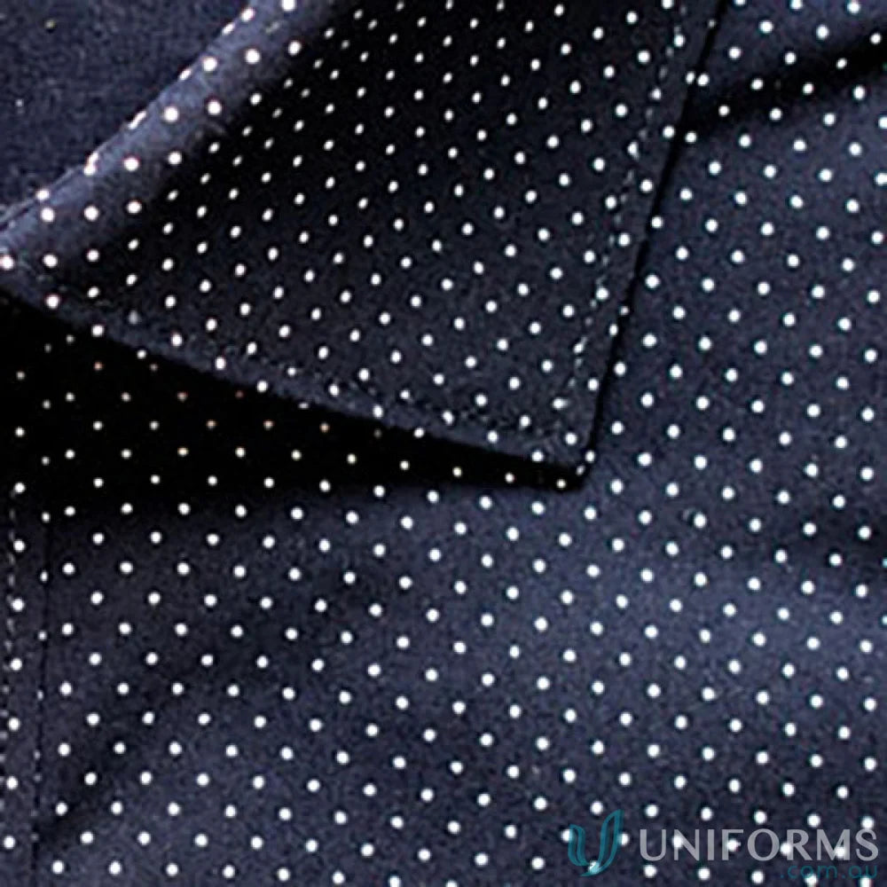 SOHO Ladies Dot Print 3Qtr Shirt with dark blue polka dots and easy iron silk protein fabric