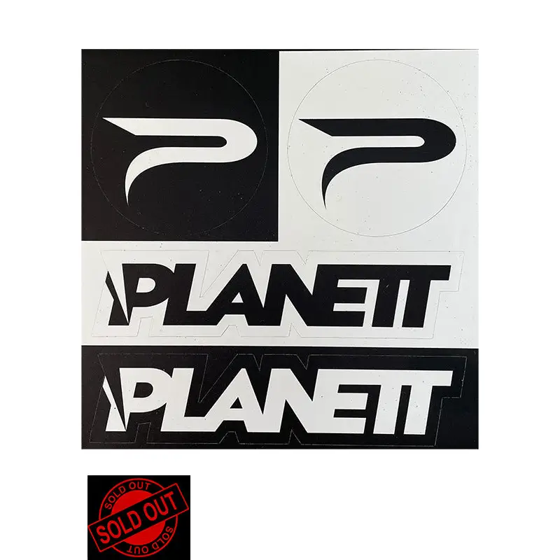 Black and white planet sticker sheet with bold stylized lettering and p logo perfect for customizing workwear uniforms