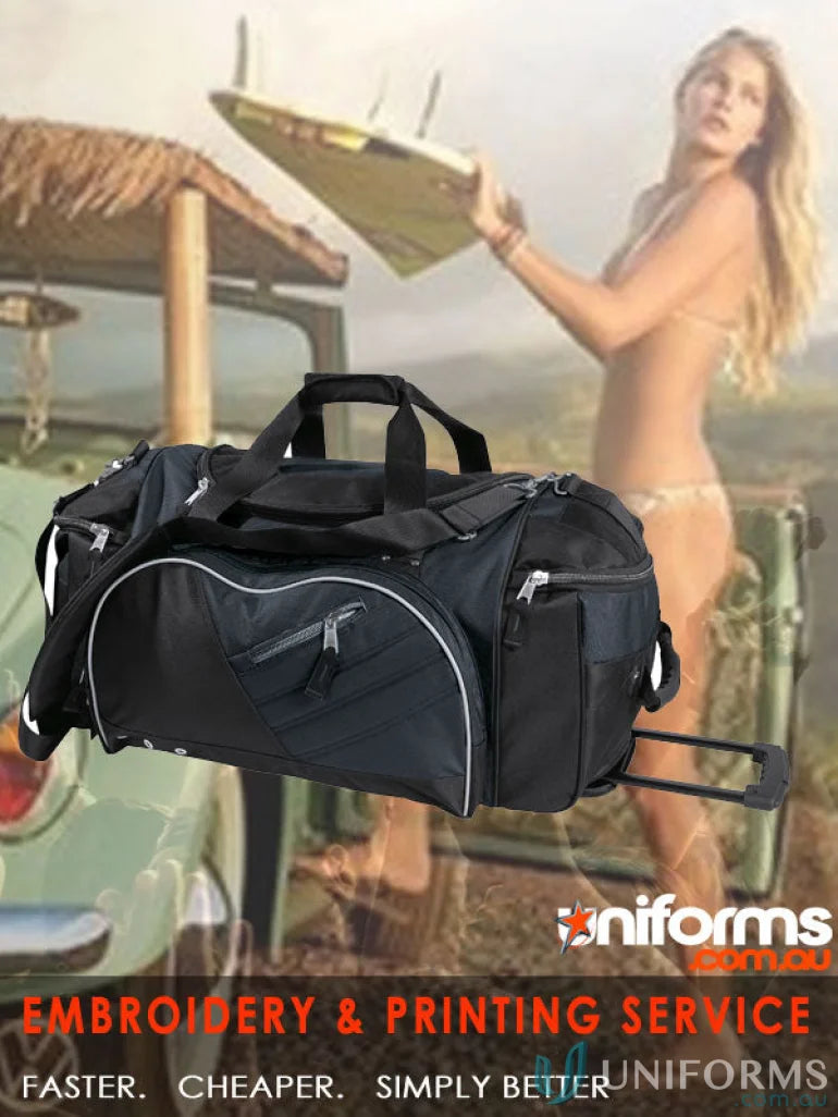Black rolling duffel bag for Solitude Travel Bag, perfect for orders requiring bags for uniforms