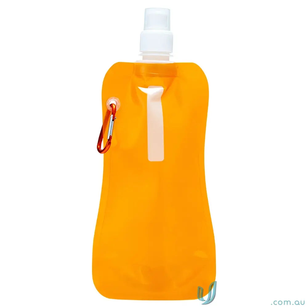 Orange 500ml collapsible water pouch with carabiner clip for easy on-the-go hydration