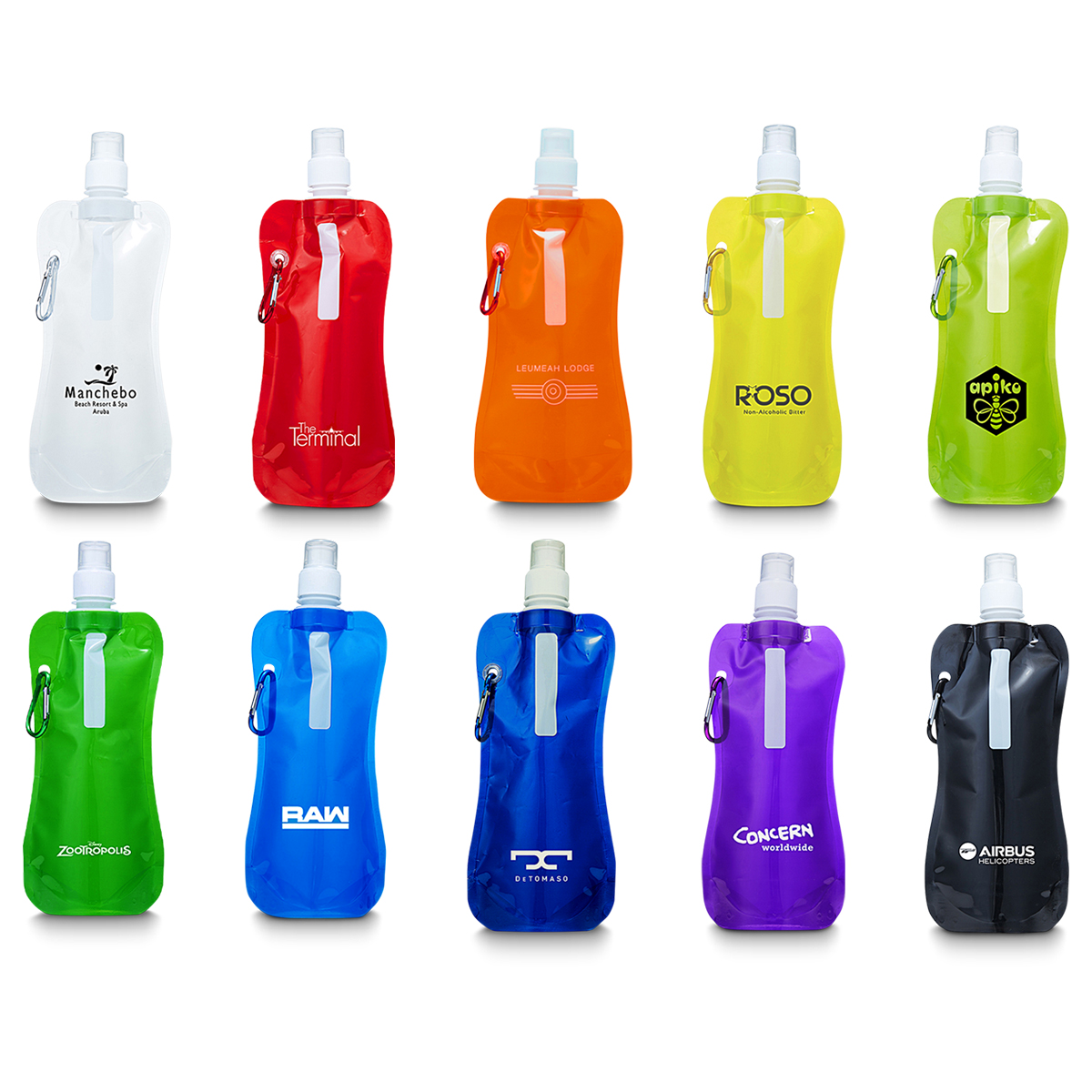Sorento 500ml water pouch with colorful design, white caps and carabiners