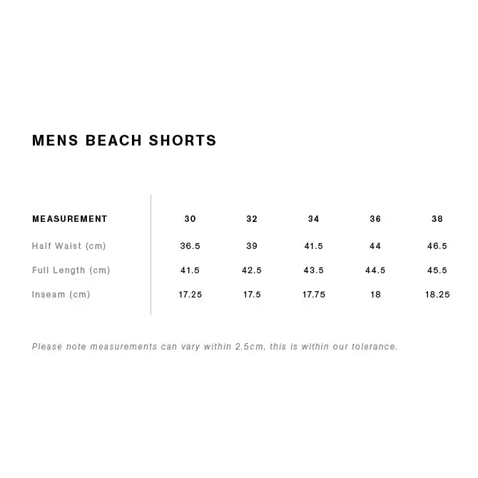 Sorrento beach shorts size chart shows waist inseam and length for sizes 30 to 38 perfect for workwear uniforms