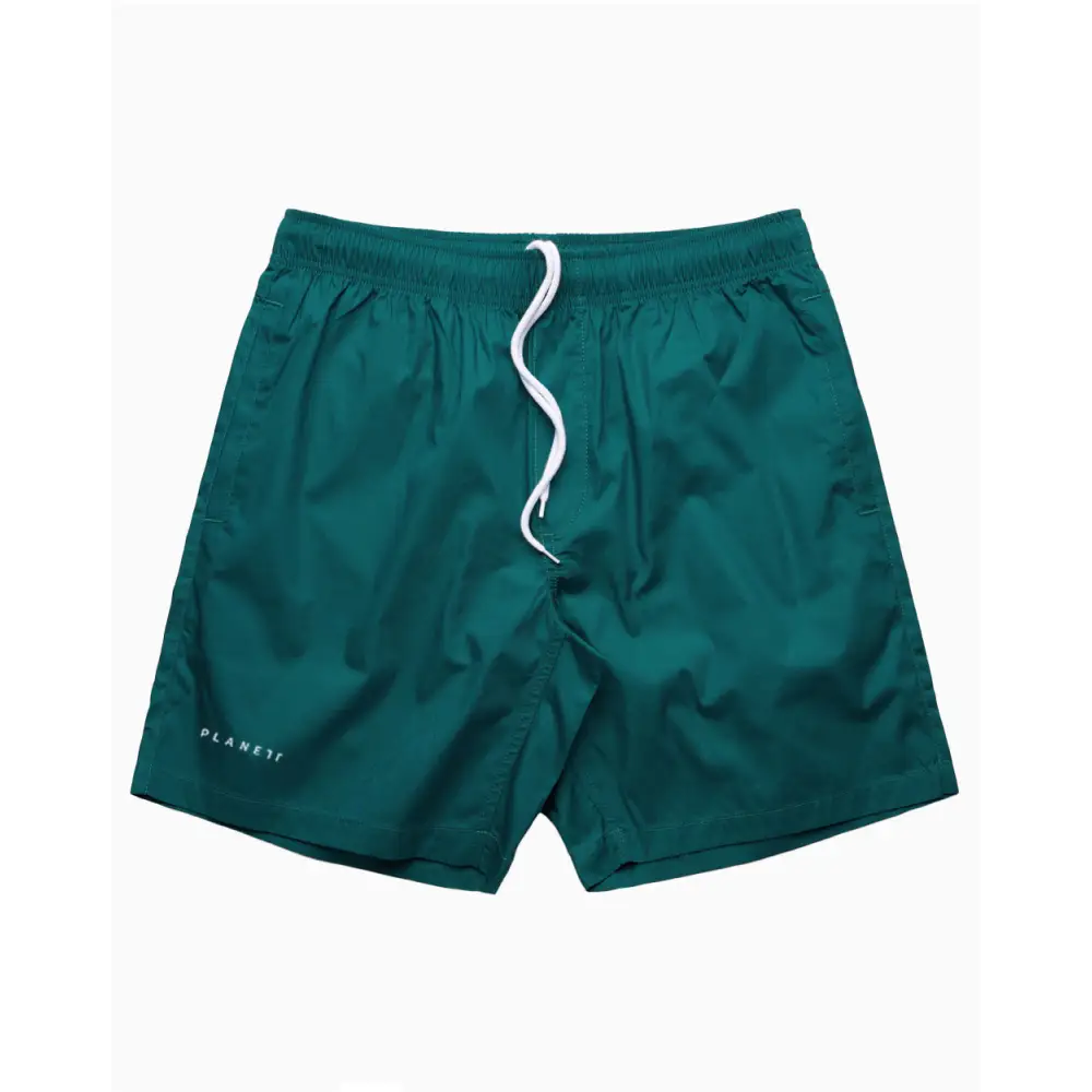 Green Sorrento Beach Shorts with white drawstring and logo