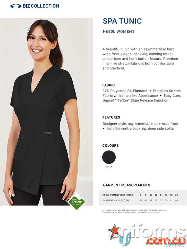 Black spa tunic for women’s spa tunic from Biz Collection with Dupont Teflon offers