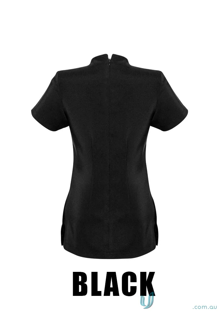 Black women’s spa tunic with mandarin collar, perfect for biz collection women’s style