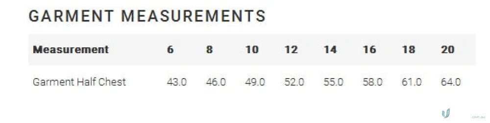 Garment measurement chart for women’s spa tunic from Biz Collection with Dupont Teflon offers