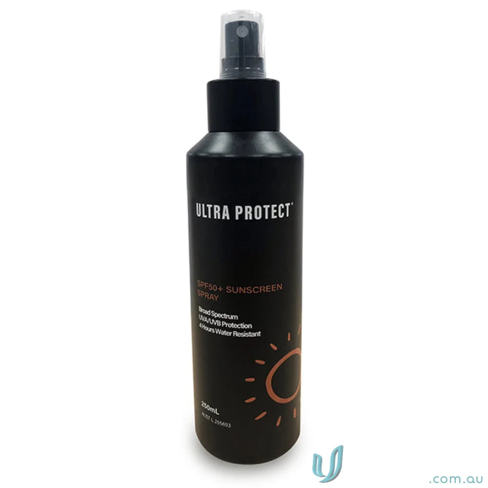 Black sunscreen spray bottle for high SPF sun protection and even skin coverage