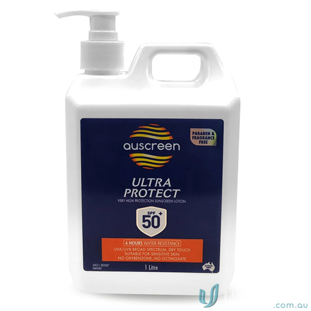 Large Auscreen Ultra Protect SPF 50 sunscreen lotion in 1ltr pump for high UV protection