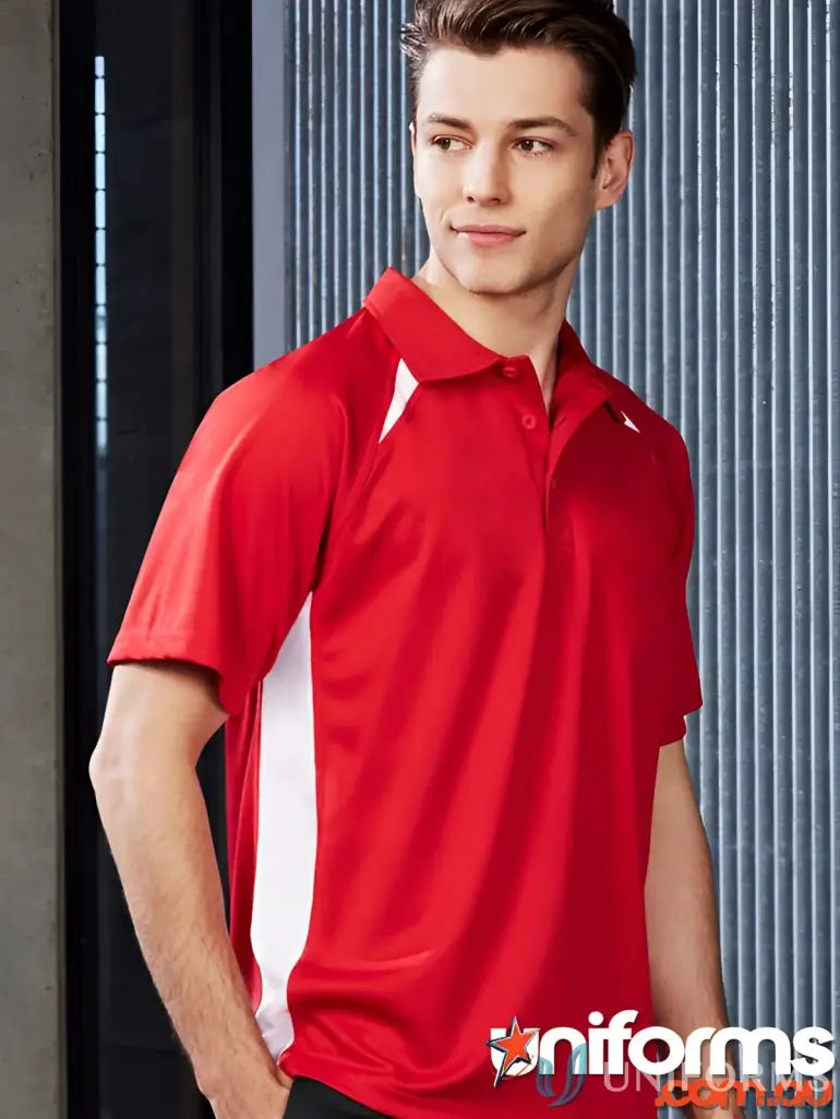 Splice Polo from Biz Collection Splice featuring red short-sleeve polo with white accents