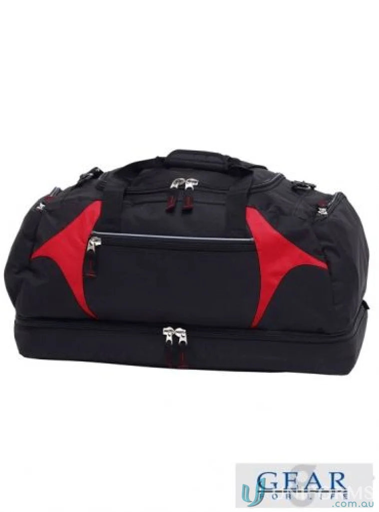 Black and red duffel bag perfect for orders requiring sports bags and uniforms