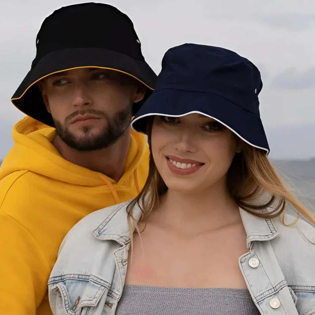 Black Sporties twill bucket hat with gold trim on cotton