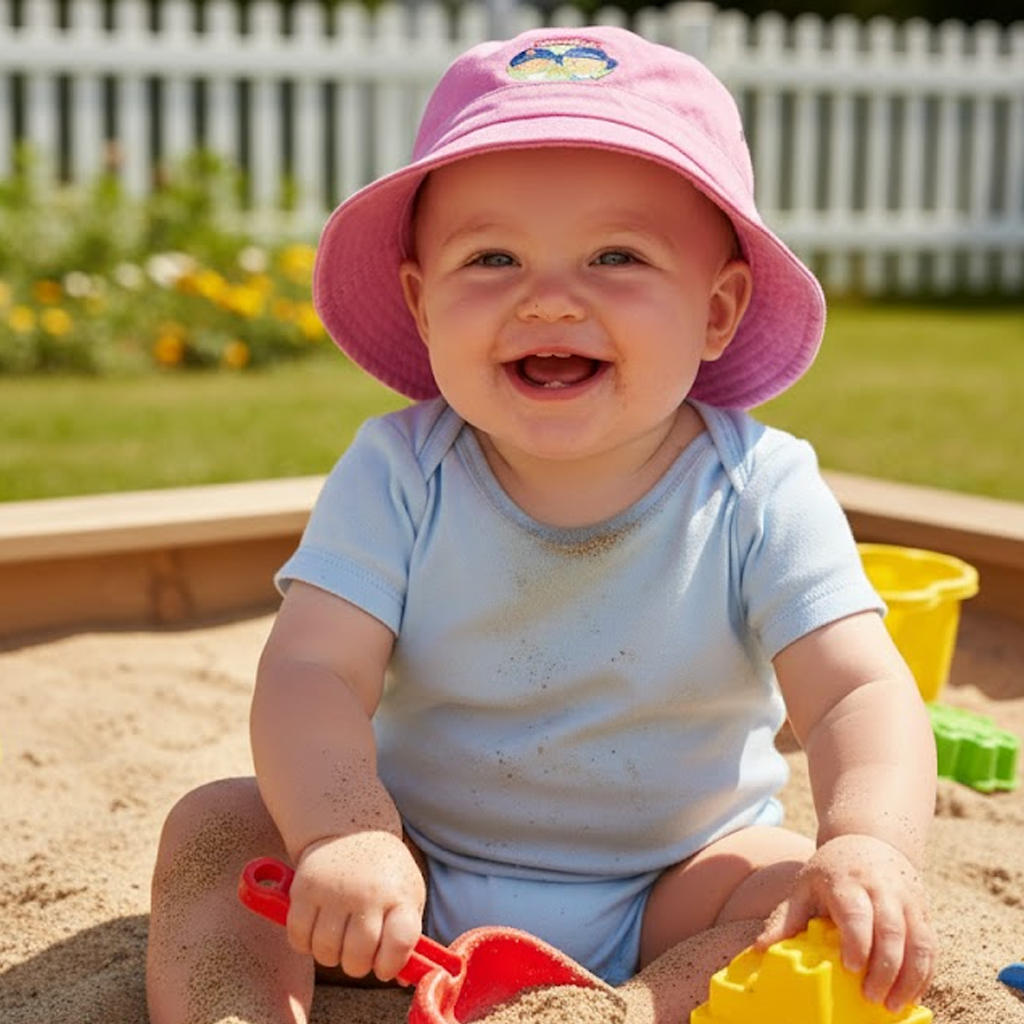 Cute baby Sports Twill Bucket Hat with pink brim, purple crown, cartoon design