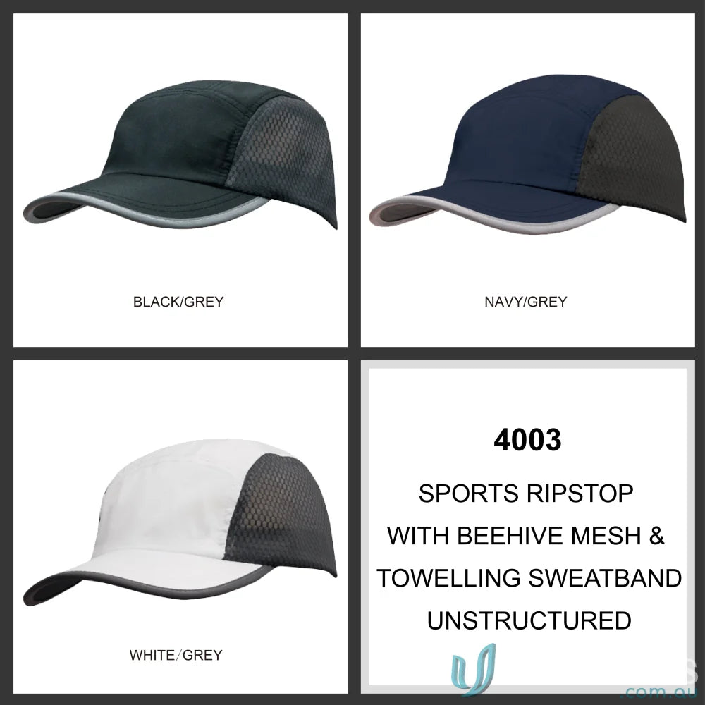 Sports ripstop hats with beehive mesh and towelling sweatband for uniforms and workwear