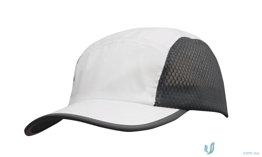 White and gray baseball cap from Sports Ripstop workwear with bee hive mesh faq link