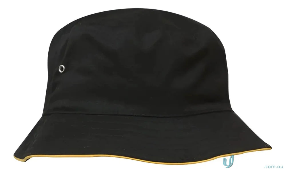 Black sports twill bucket hat with yellow trim for stylish sun protection