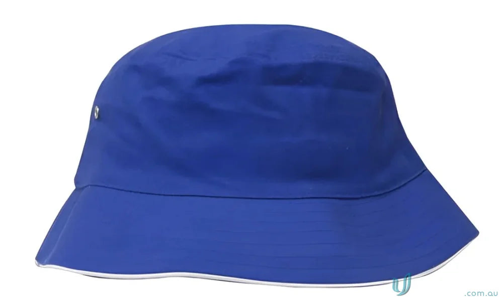 Blue sports twill bucket hat with white trim, perfect for casual and sporty looks