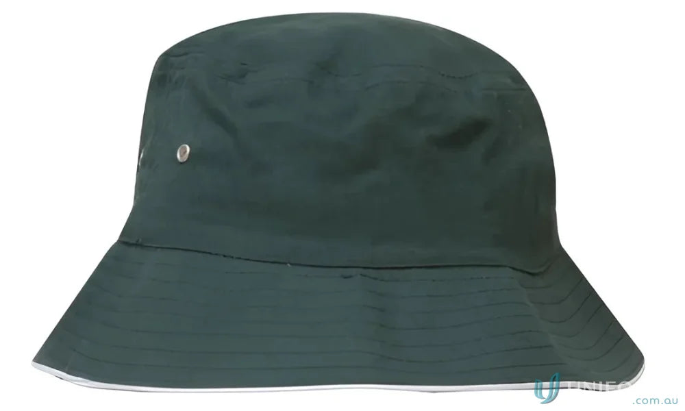 Green sports twill bucket hat with white trim perfect for outdoor fun