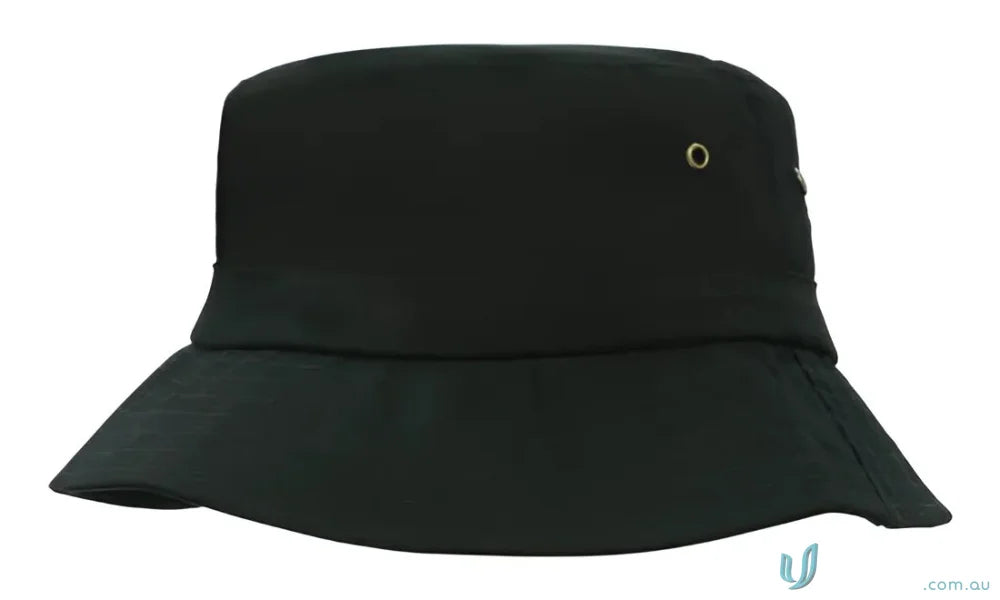 Black bucket hat for infants from Sports Twill workwear and uniforms collection—faq link included