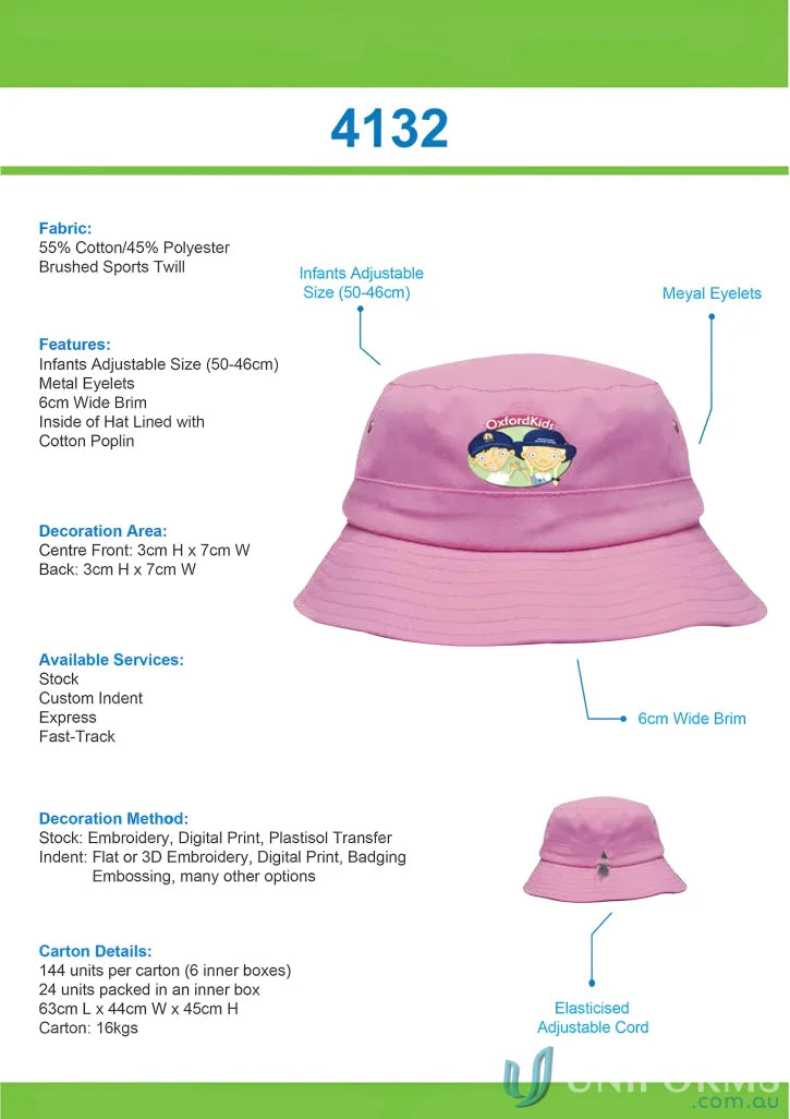 Pink infant’s bucket hat from Sports Twill, perfect for uniforms or workwear FAQsLink
