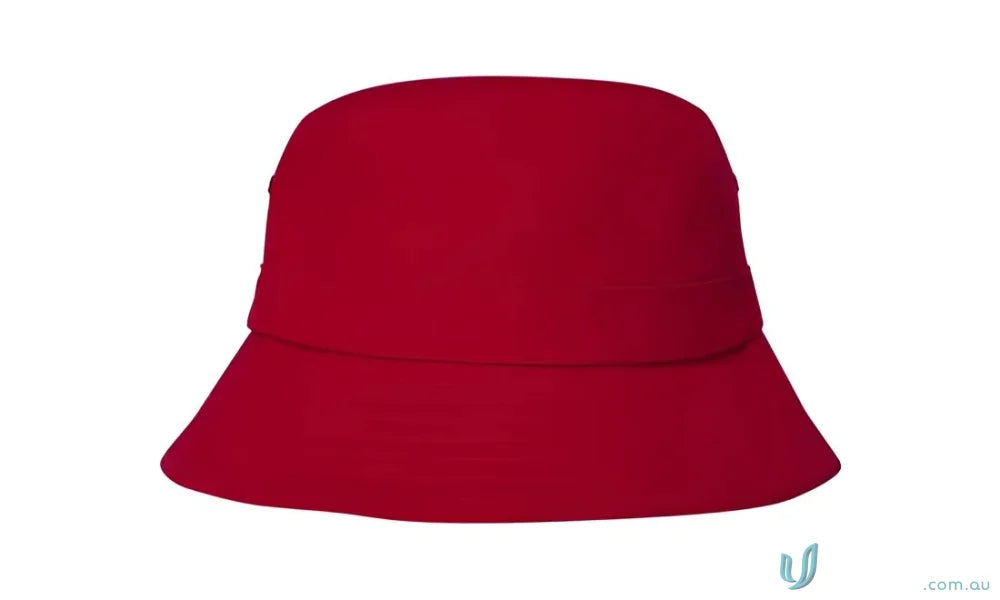 Red bucket hat for infants in sports twill, perfect for uniforms and workwear faq link