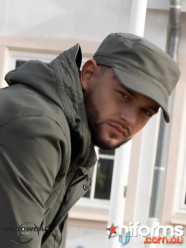 Olive green military-style cap and jacket perfect for uniforms and workwear style