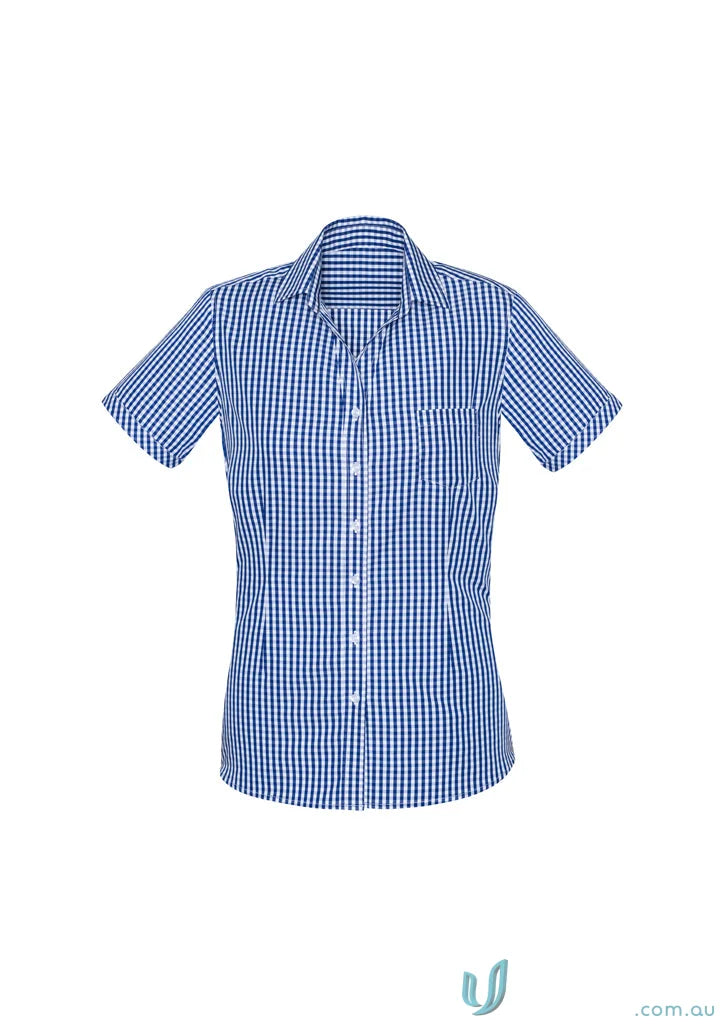 Blue and white checkered springfield ladies yarn-dyed check short sleeve shirt for women