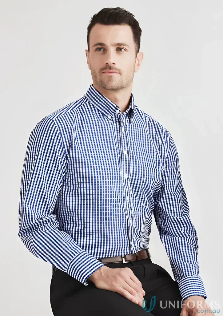 Man in Springfield LS Shirt in blue and white checkered pattern, perfect for warmer climates