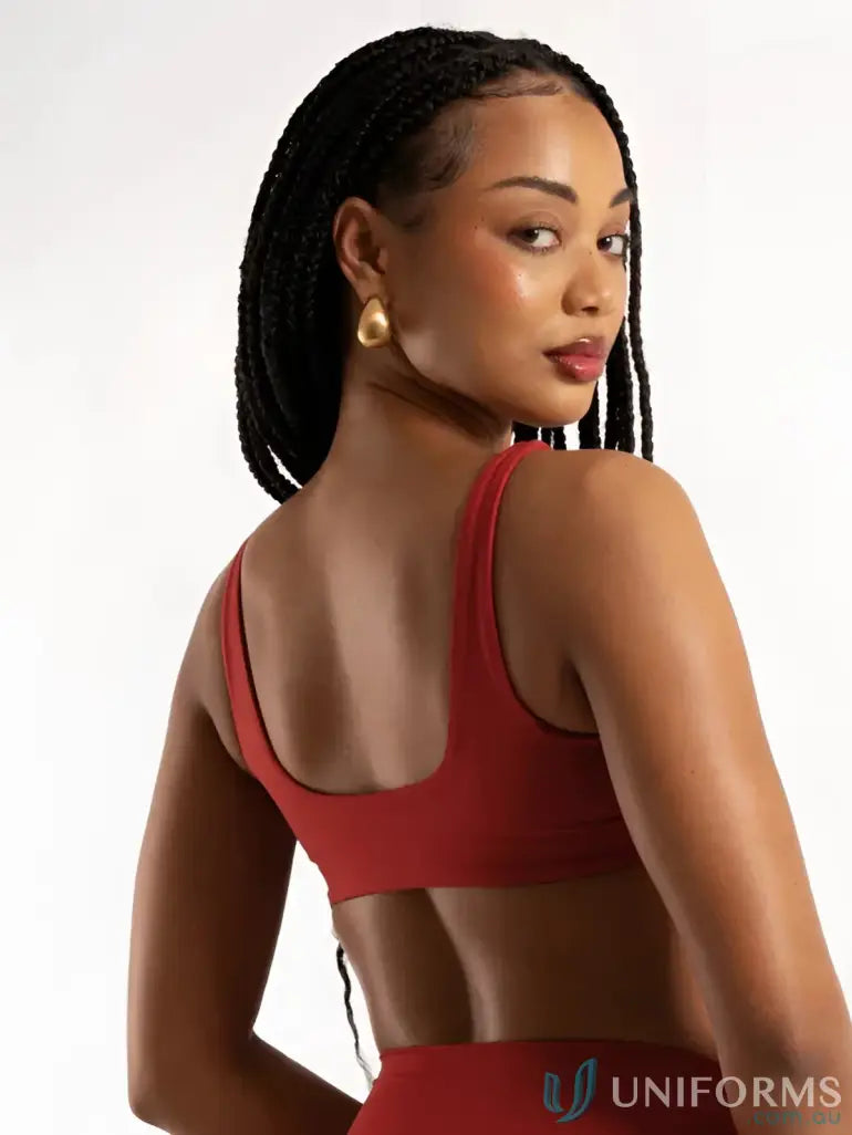 Woman in a square neck cherry crop top, perfect for summer uniforms or casual wear