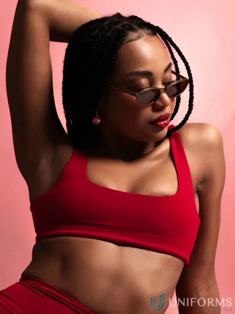 Woman in red swimwear with square neck and sunglasses wearing Square Neck Cherry Crop