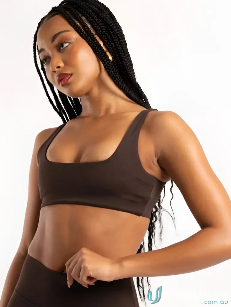 Brown square neck sports bra from the Square Neck Chocolate Crop, perfect for uniforms