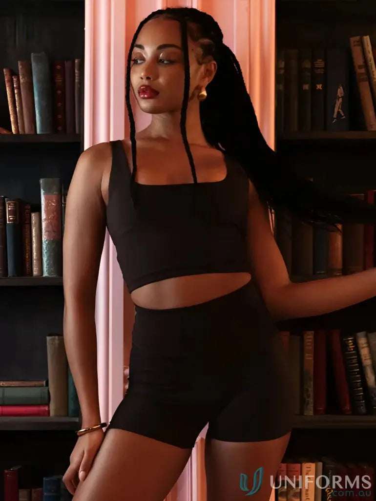 Black crop top and shorts set with square neck tank and shelf bra perfect for summer style