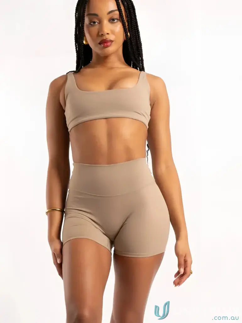 Tan athletic bra and shorts set with square neckline from the Square Neck Latte Crop collection