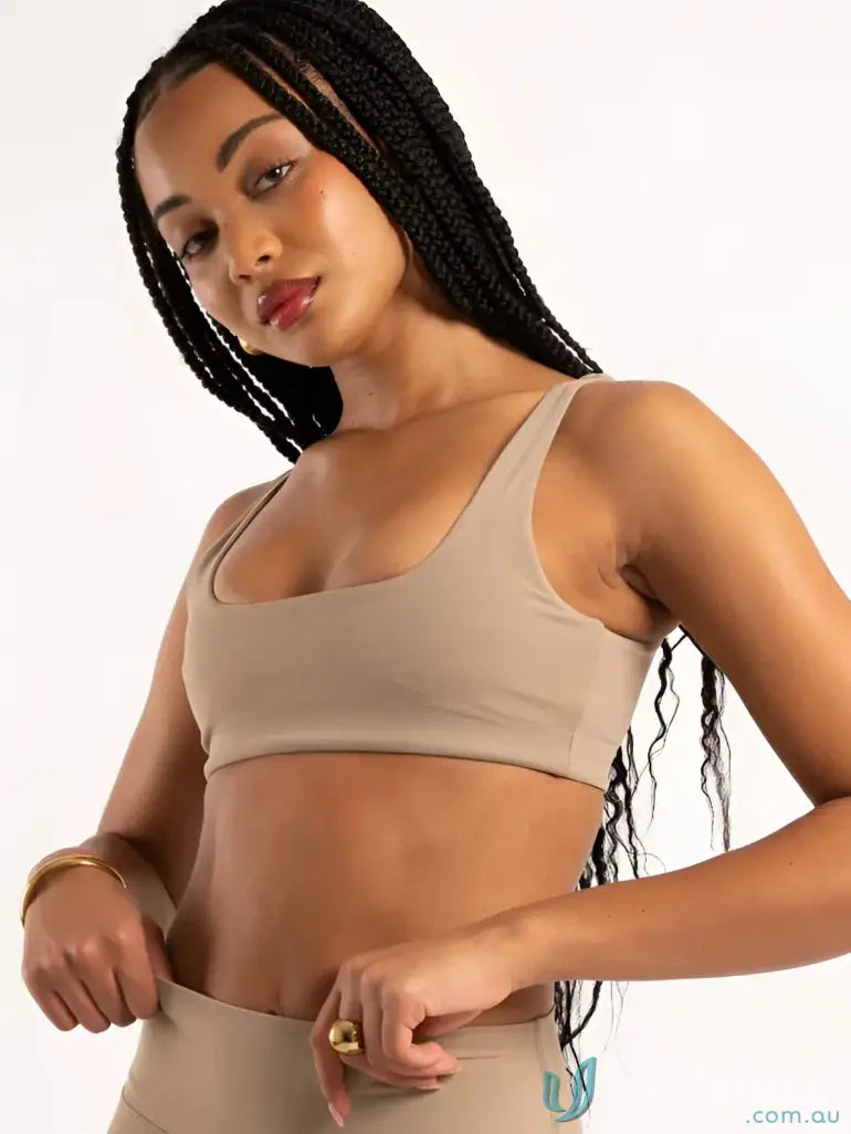 Tan-colored sports bra with square neck design from Square Neck Latte Crop collection