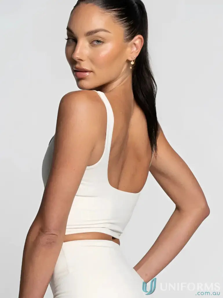 Cream-colored Square Neck Tank with Shelf Bra, perfect for activewear and casual looks