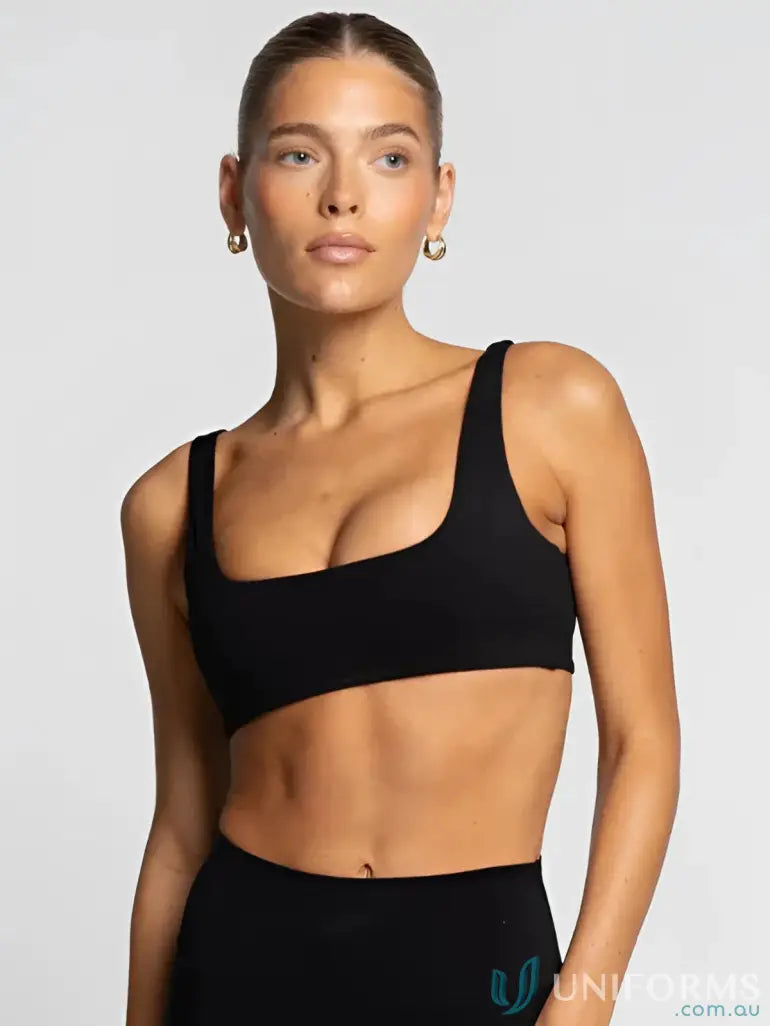 Black square neck sports bra from Square Neck Onyx Crop, perfect for casual uniforms