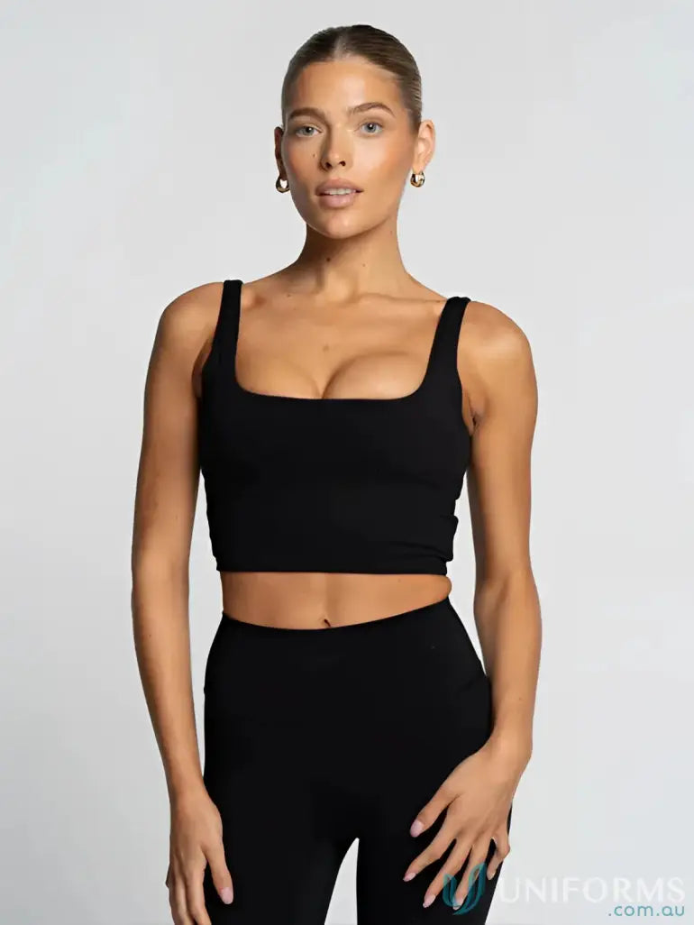 Black square neck tank top with shelf bra and stylish square neckline for a chic look
