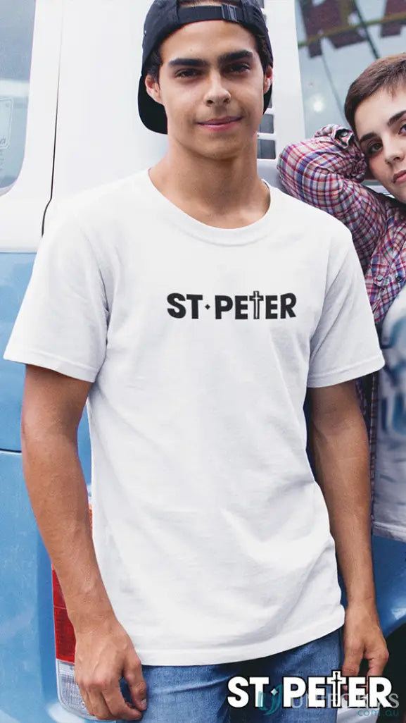 White St Peter Cricket Tee men’s text tee with longer body length and double needle hems
