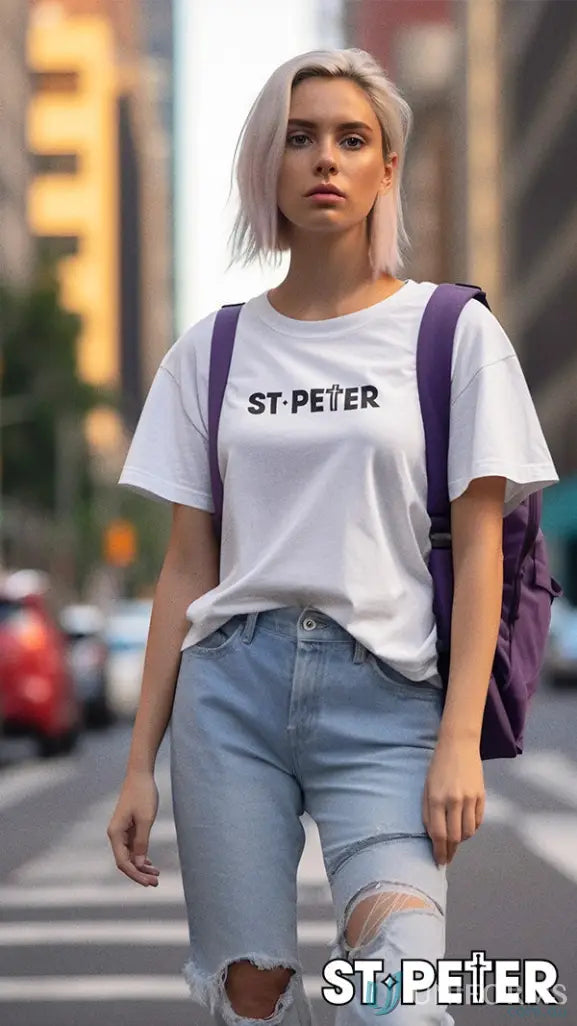 Woman in St Peter Ladies Cricket Tee with combed cotton and crew neck style