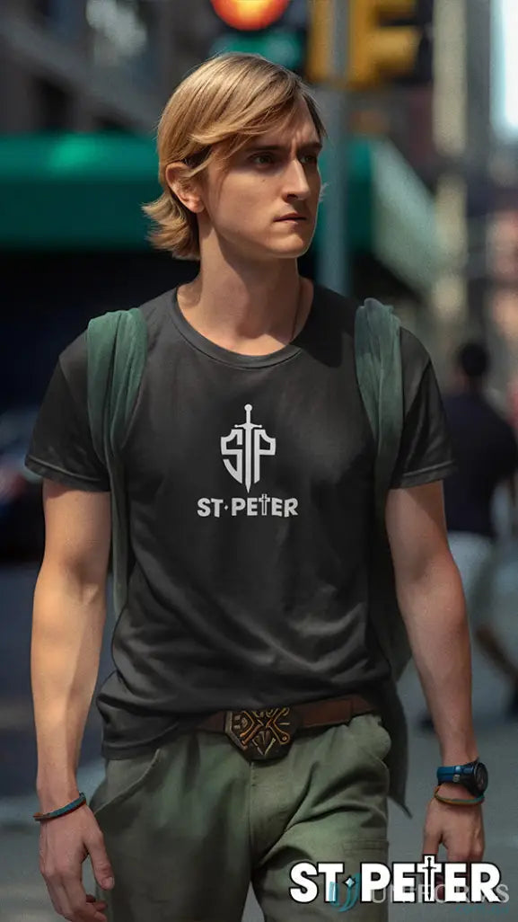 Man wearing St Peter Mens Shield Tee in enzyme wash cotton for a cool look