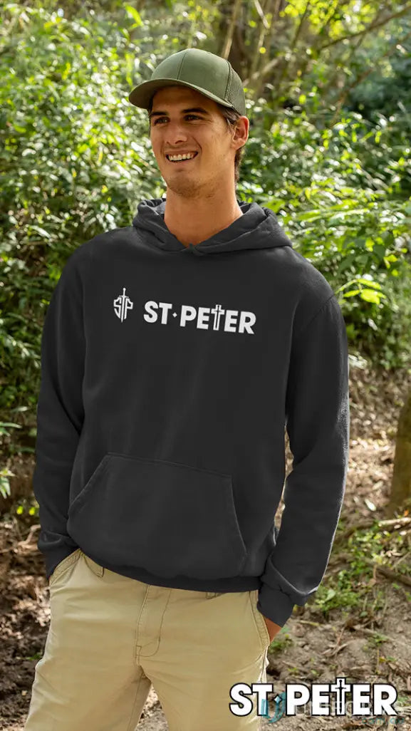 Black St Peter fleece hoodie with kangaroo pocket and stylish text for men
